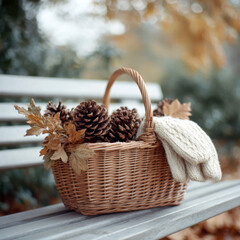 Wicker Basket with Pinecones and Leaves – Minimalist Autumn Aesthetic on Park Bench