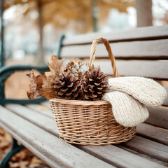 Autumn Basket with Pinecones and Scarf on Wooden Bench – Cozy Fall Decor Concept