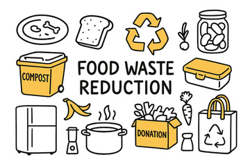Obraz premium Food Waste Solutions. Food waste reduction. Hand-drawn doodle illustration food waste reduction compost bin (accented), leftover plate, bread slice (accented),