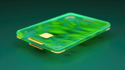 Close up of green translucent computer chip on dark background. Futuristic technology concept. Generative AI.