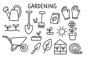 Gardening Tools Doodle. Gardening. Hand-drawn doodle illustration gardening watering can, shovel, rake, gloves, seed packet, sprouts, flower pot, tray,