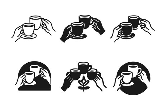 New Year Brunch Logos. New Year?s Day recovery brunch and celebration. Set Logo of New Year?s Day recovery brunch and celebration: Group clinking coffee mugs /