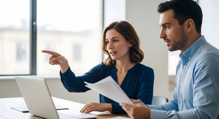 Dynamic business team strategizing together at a modern office, pointing at a laptop for effective collaboration and innovative solutions