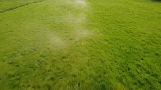 Vast expanse of lush green grass under a soft hazy sky, perfect for outdoor recreation and natural beauty