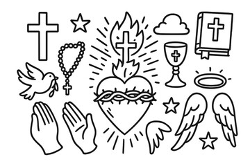Fototapeta premium Sacred Heart Symbols. Sacred heart. Hand-drawn doodle illustration sacred heart heart, cross, crown of thorns, flames, rays of light, rosary, dove, star,