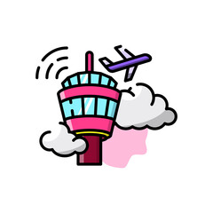 Pixelated Pink and Blue Air Traffic Control Tower with Airplane and Cloud on Transparent Background Aviation Icon