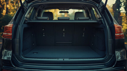 Open empty trunk of a car suv close-up, crossover car with an open trunk empty on a background of nature, generative ai