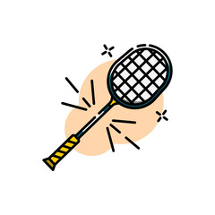 Stylized Badminton Racket with Black Net and Yellow Handle on Beige Oval Shape Isolated on White Background