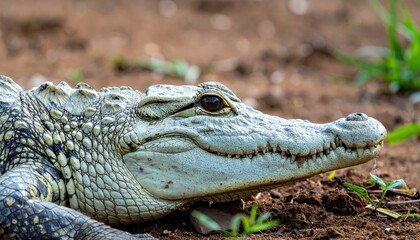 Obraz premium Intense gaze of a powerful crocodile showing sharp teeth and scaly skin in natural habitat, a wild predator ready to strike