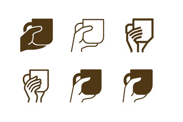 Ceramic Mug Logo Variations. Creating custom ceramic mugs and cups. Set Logo of hand holding mug: warm personal touch with cup in hand. harmonious logo