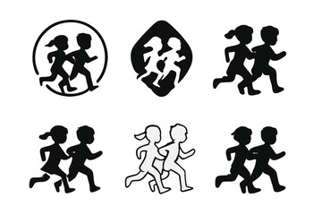 Running Kids Logos. Children playing sports or engaging in physical activities. Set Logo of running kids: silhouettes of children sprinting. harmonious logo