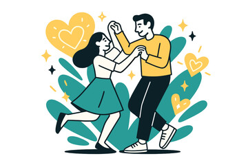 Fototapeta premium Romantic Dance Scene. Romantic Energy. A couple dancing together, glowing abstract heart sparks floating around them in rhythm. Modern flat-line illustration,