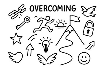 Overcoming Obstacles Icons. Overcoming. Hand-drawn doodle illustration Overcoming broken chain, key, sunrise, mountain peak, flag, open lock, person jumping,