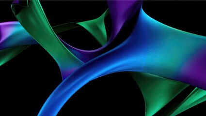 Abstract 3D rendering of smooth, flowing, ribbon-like shapes in gradient colors of blue, purple, and green, twisting in dynamic motion.