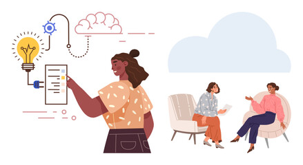 Businesswoman presenting ideas on a digital board connecting to cloud and lightbulb, while two colleagues discuss on armchairs. Ideal for innovation, creativity, brainstorming, teamwork, strategy