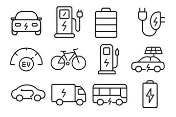 Electric Vehicle Icons. Electric Vehicles. Line icon set of Electric Vehicles: electric car, charging station, battery pack, plug-in cable, EV dashboard,