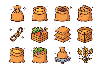 Colorful Burlap Sack Icons. Burlap sack. Colorful isometric vector icons set of burlap sack: tied burlap sack, grain bag, coffee bean sack, potato sack, wheat