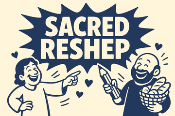 Reshep Joy and Laughter. Sacred Reshep banner, flat vector illustration, bold oversized text inside comic burst, cartoon characters laughing and pointing,