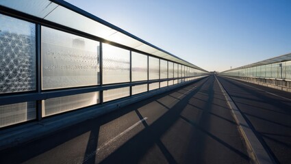 Minimalist perspective view of a pedestrian bridge with metal railings under warm sunset light. Long lines lead to the horizon. Raster. Generative AI.