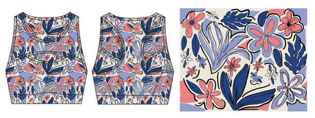 Vibrant activewear design with seamless hand-drawn floral pattern. bold botanical. women’s sports bras, yoga tops, crop tanks, and athleisure wear. textile prints, apparel surface design, active wear.