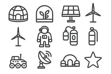 Future Habitats Icon Set. Future habitats. Line icon set of future habitats: habitat dome, greenhouse, solar panel, wind turbine, astronaut, oxygen tank,