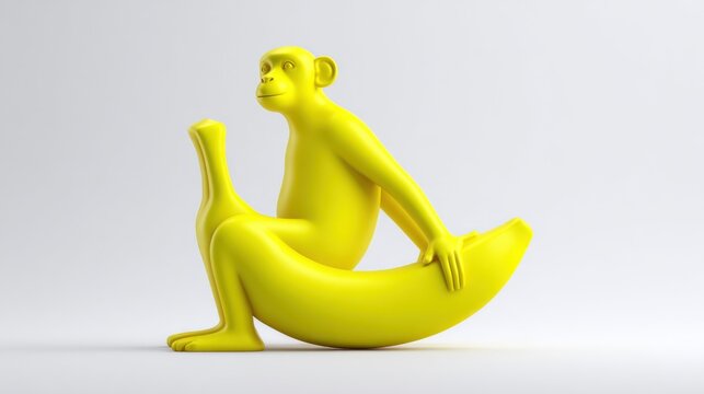 Yellow monkey figurine sitting on a banana against a neutral background