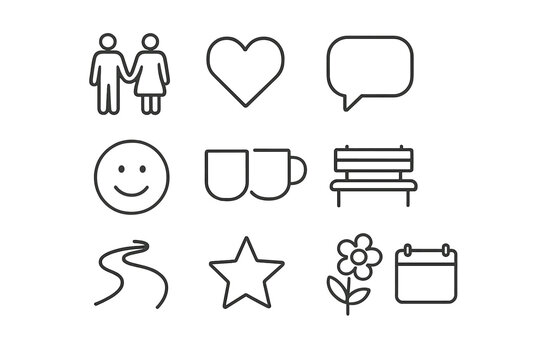 Couple Time Icons. Couple time. Line icon set of couple time: couple holding hands, heart, speech bubble, smiley face, coffee mugs, bench, star, walking path,