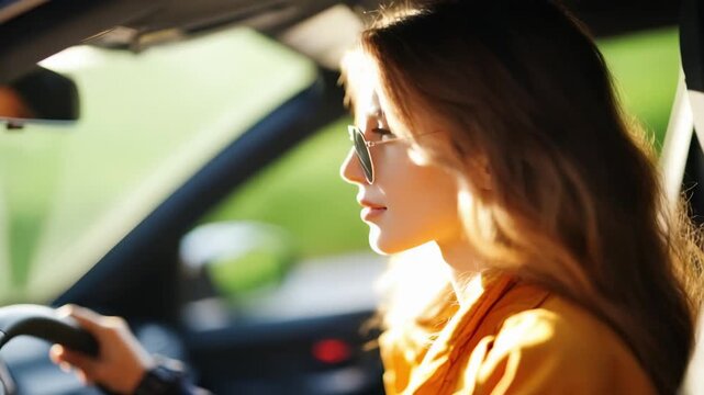 A woman wearing sunglasses and a yellow jacket driving a car, shown in profile.