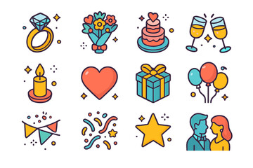 Wedding Icons Delight. Wedding Prelude. Colorful isometric vector icons set of wedding prelude: engagement ring, bouquet, cake, champagne glasses, candle,
