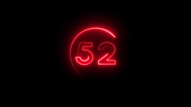 Neon number 52 animation. Neon Countdown 52 number.