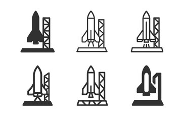 Rocket Launch Logos. Rocket launches. Set Logo of launch pad: rocket standing on platform with support structure. harmonious logo variations of the same