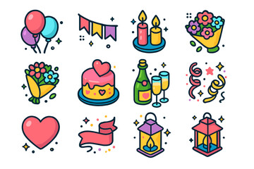 Fototapeta premium Romantic Decor Icons. Romantic Decor. Colorful isometric vector icons set of romantic decor: balloons, banner, candles, bouquet, cake, champagne bottle, heart,