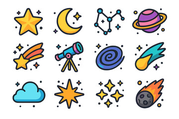 Night Sky Icons. Night Sky. Colorful isometric vector icons set of night sky: glowing star, crescent moon, constellation, planet, shooting star, telescope,