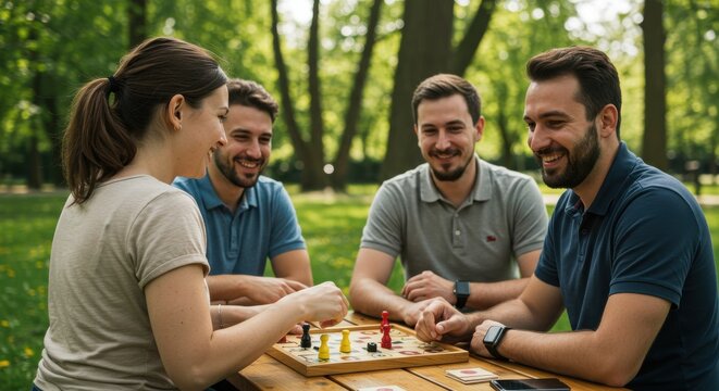 Group of friends playing board game in the park on a sunny day