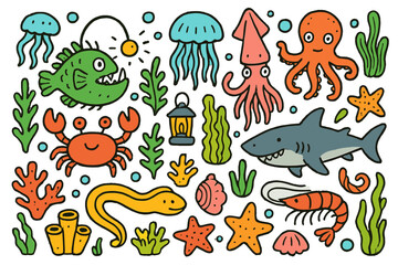Obraz premium Vibrant Sea Creatures. Deep Sea. Colorful Hand-drawn doodle Children illustration Anglerfish, jellyfish, squid, octopus, crab, shark, eel, lantern, coral,