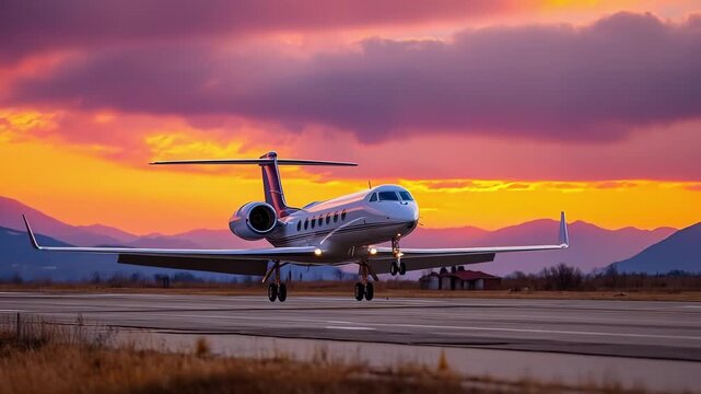 A private jet touchdown on a runway at sunset with mountains in the background.