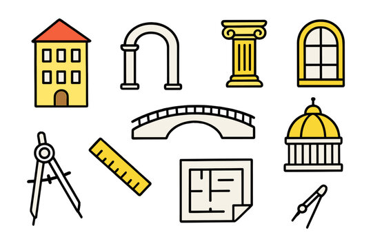 Colorful Architectural Elements. Architectural Composition. Hand-drawn doodle illustration building (colored), arch, column (colored), spiral stairs, window