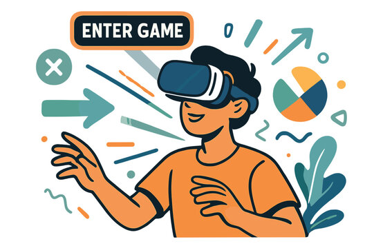 Virtual Reality Immersion. VR headset. Person wearing VR goggles, beams of light and abstract digital shapes expanding outward. Floating "Enter Game" sign