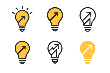 Startup Logo Variations. Investing in startups. Set Logo of lightbulb idea: glowing bulb with upward arrow. harmonious logo variations of the same emblematic