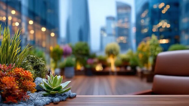 Urban Oasis: A vibrant rooftop garden offers a serene escape against the backdrop of a bustling city, harmonizing nature and modern architecture.