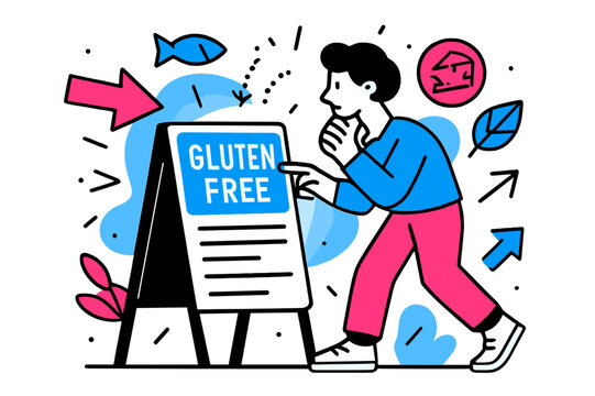 Gluten-Free Menu Highlights. Exploring Options. A glowing menu board with ?Gluten-Free? highlighted, abstract floating arrows and icons pointing to choices.