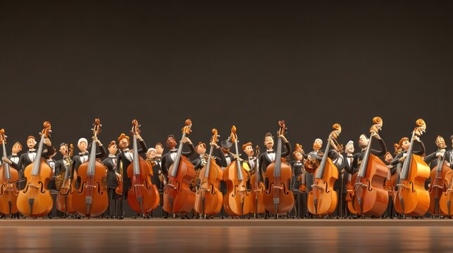 Orchestra performance with upright basses on stage against a dark background