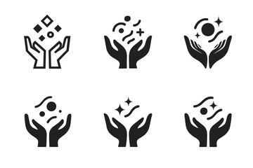 Harmonious Hand Logos. Letting go of stress from the day. Set Logo of open hands: hands releasing symbolic shapes upward. harmonious logo variations of the