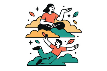 Harmony in the Sky. Skies of harmony. Layers of glowing clouds stacked gently with abstract sparkles and floating leaves showing calm and balance in the air.