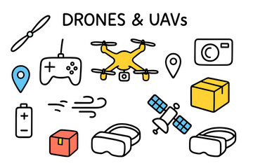 Drones & Gadgets Doodle. Drones & UAVs. Hand-drawn doodle illustration quadcopter (colored), propeller, controller (colored), camera, map pin (colored),