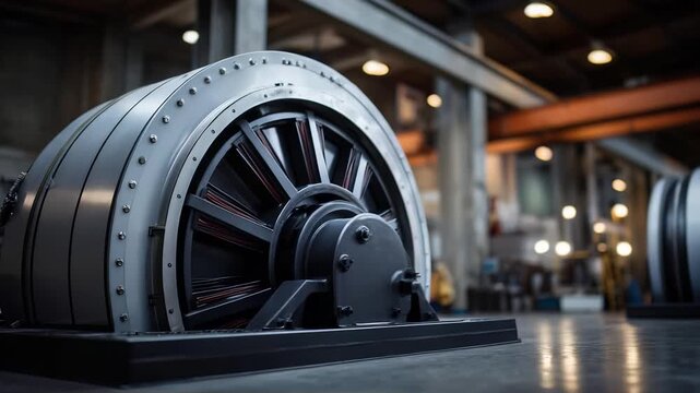 Large industrial rotor from a turbine or generator in a factory, circular with radial spokes and a bolted outer housing.