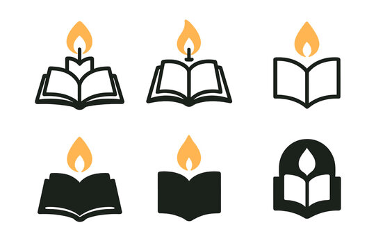 Cozy Reading Logos. Reading by candlelight. Set Logo of Cozy reading: flame illuminating text. harmonious logo variations of the same emblematic concept, each