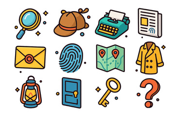 Mystery Icons Collection. Mystery Novel. Colorful isometric vector icons set of mystery novel: magnifying glass, detective hat, typewriter, newspaper, clue
