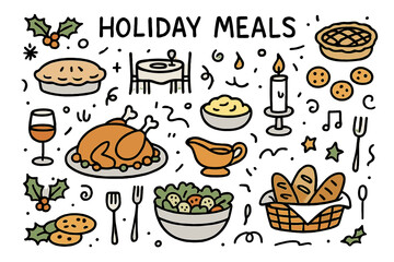 Festive Holiday Feast. Holiday Meals. Hand-drawn doodle illustration turkey (colored), mashed potatoes, gravy boat (colored), festive table, candles (colored),