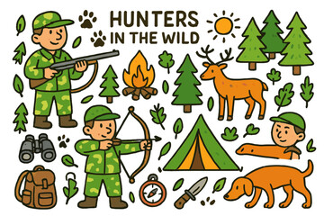 Naklejka premium Children's Hunting Adventure. Hunters in the wild. Colorful Hand-drawn doodle Children illustration Hunter with rifle, camouflage outfit, bow and arrow,